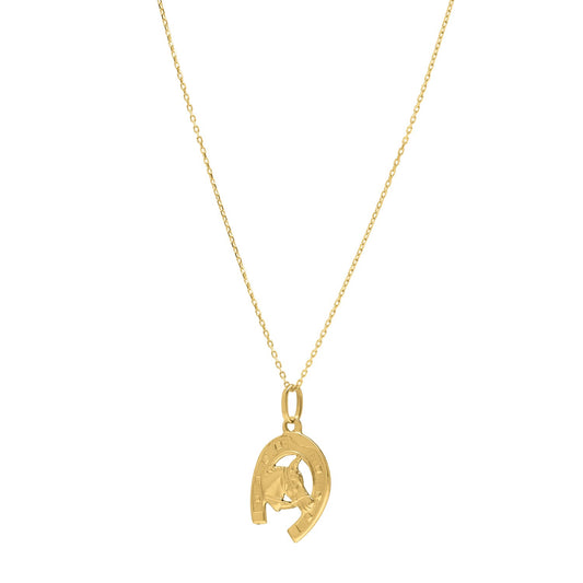 Horse and Horseshoe Necklace in 14K Yellow Gold