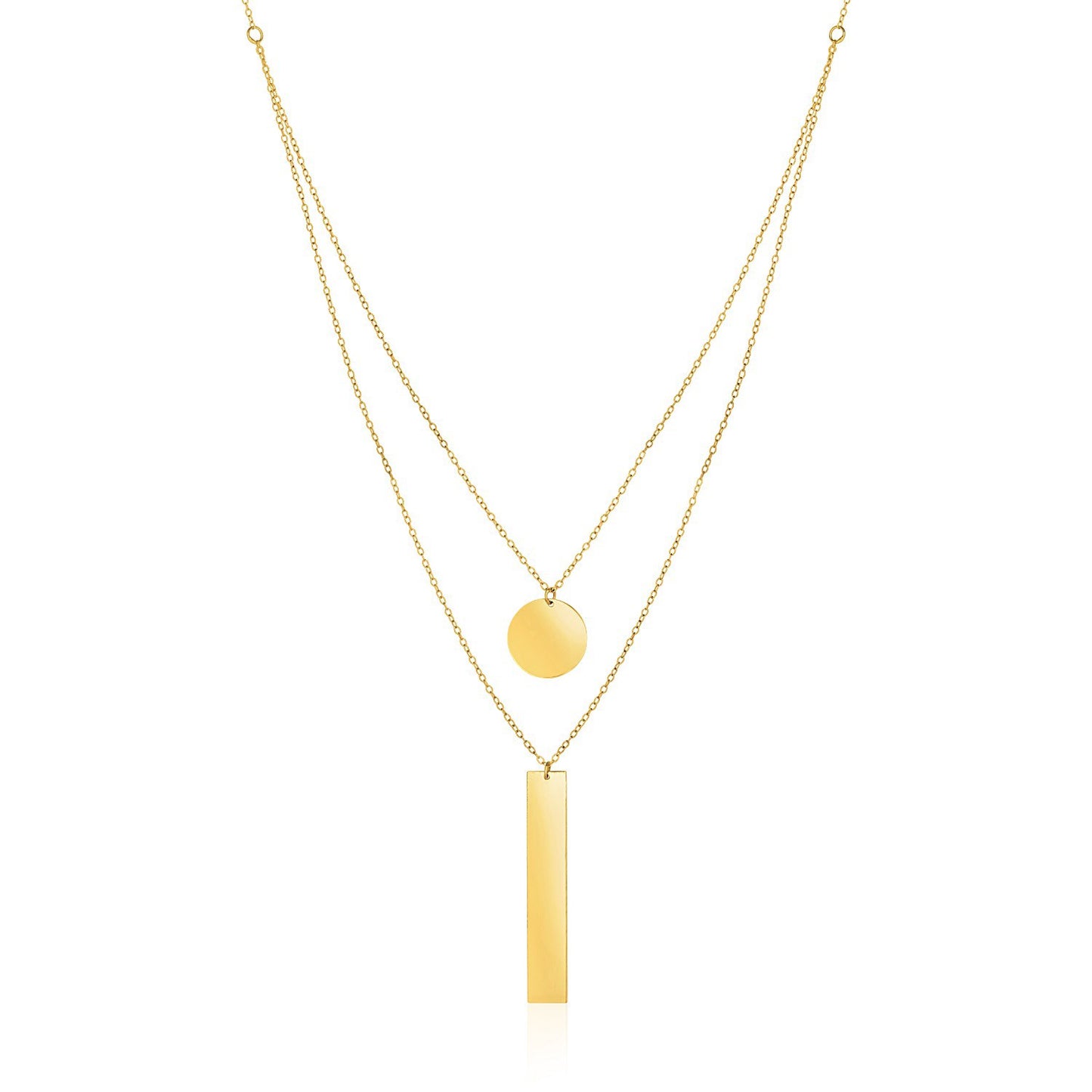 14k Yellow Gold 18 inch Two Strand Necklace with Circle and Bar Pendants